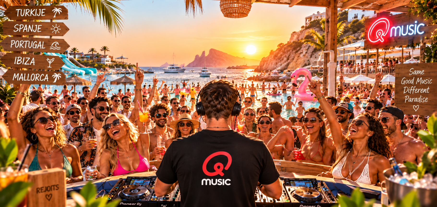 Het Foute Uur van Qmusic in een volle horecazaak op zomervakantie