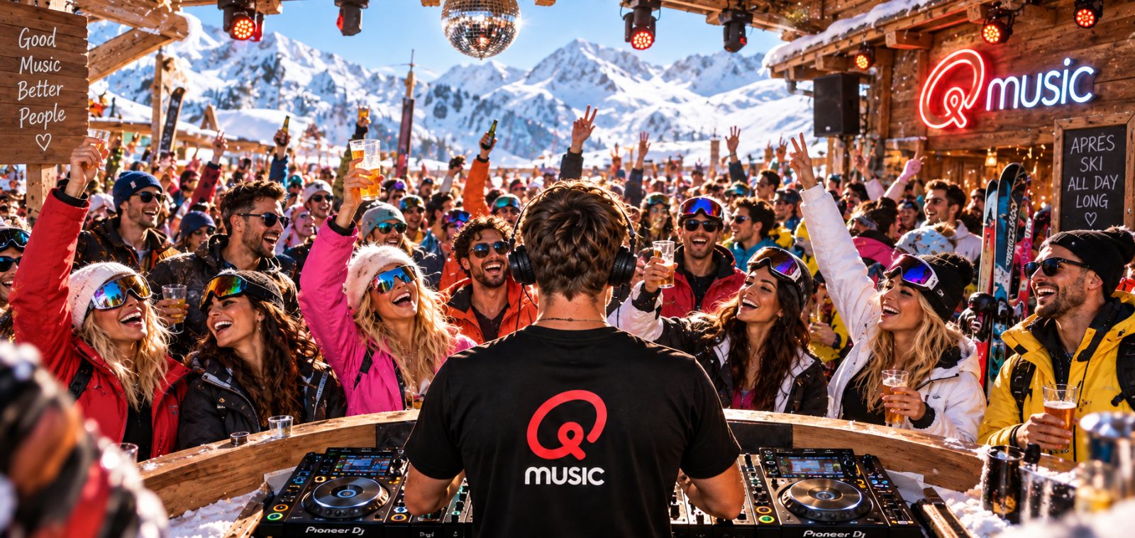 Het Foute Uur van Qmusic in een volle horecazaak op wintersport